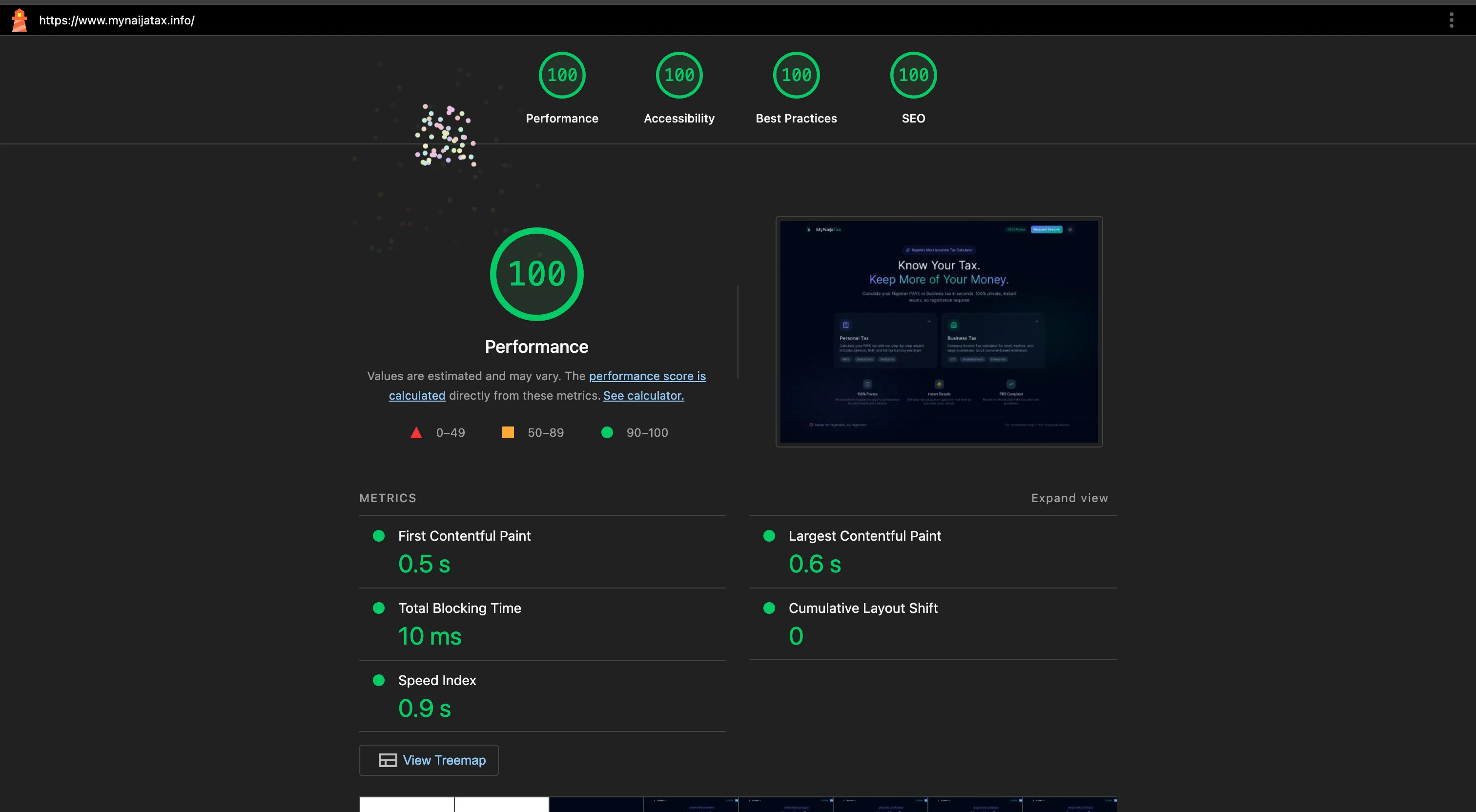 Perfect 100/100 Lighthouse Score showing Performance, Accessibility, Best Practices, and SEO all at 100